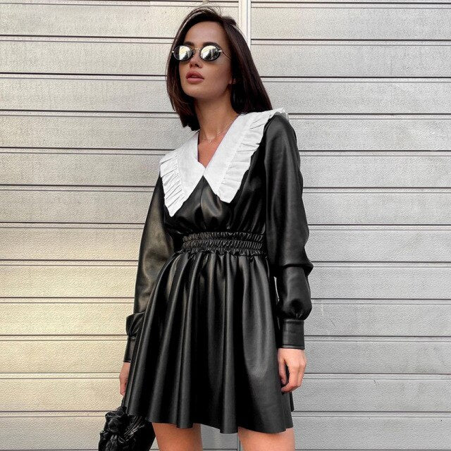 LANA PU LEATHER MINI DRESS with COLLAR