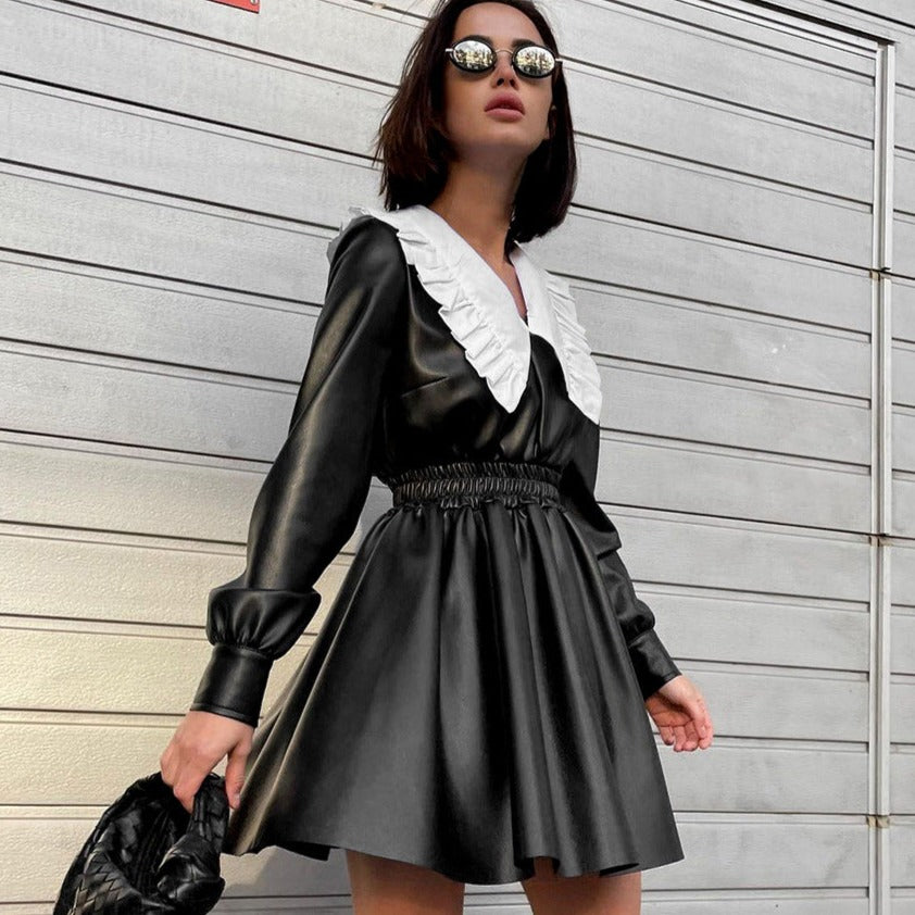 LANA PU LEATHER MINI DRESS with COLLAR