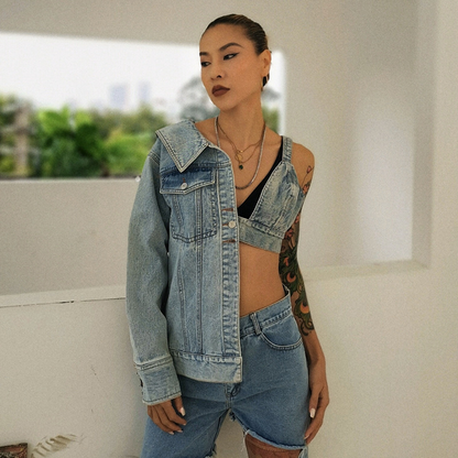 BRIDGET ASYMMETRICAL ONE SLEEVE DENIM JACKET