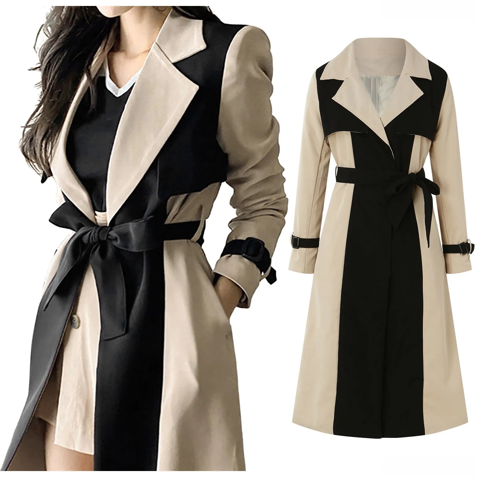 Two-Tone Belted Trench Coat – Women’s Elegant Long Trench Coat