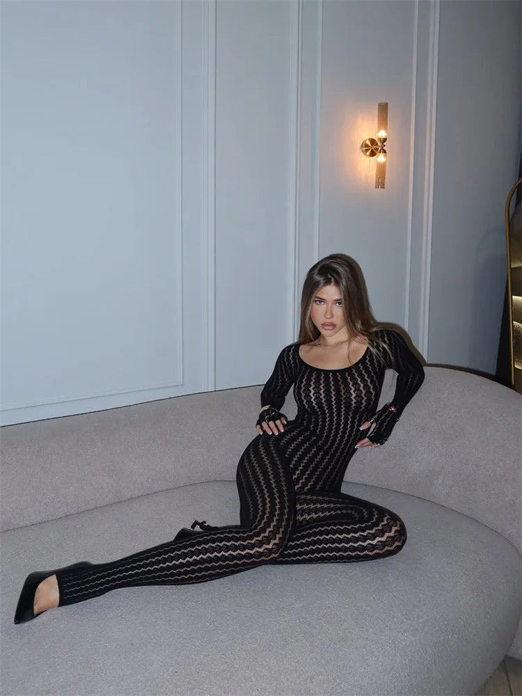 Black Seamless See-Through Jacquard Long Sleeve Jumpsuit – Women’s One-Piece Bodycon Clubwear | CTRL NUIT