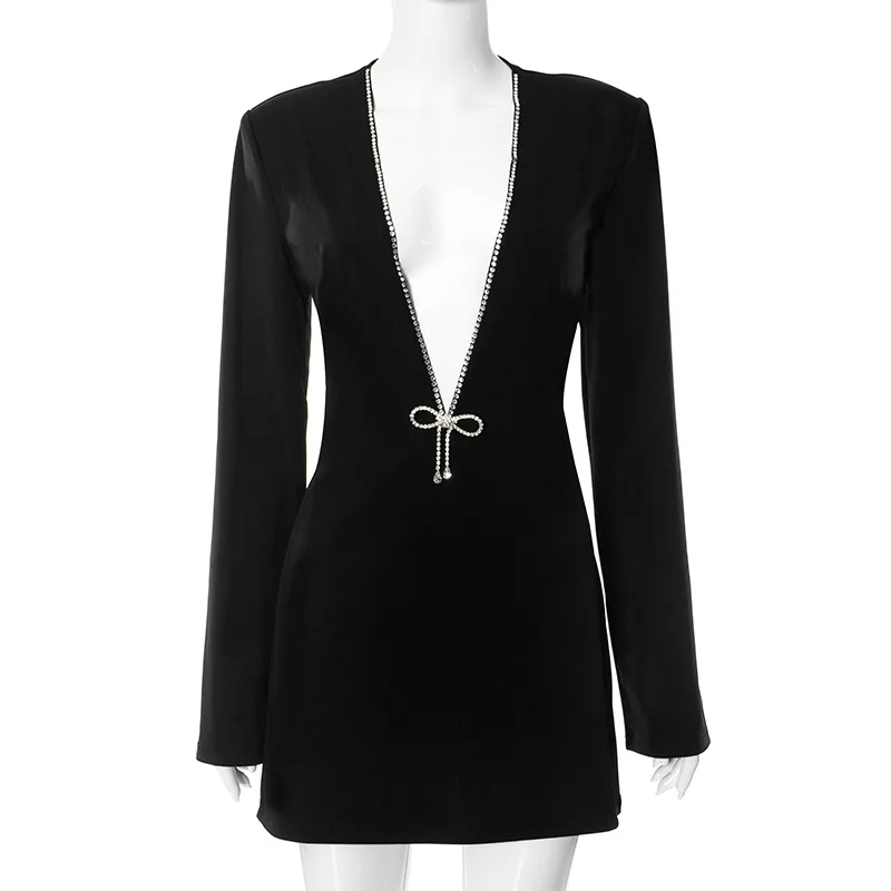 AYKKO DEEP V-NECK DRESS with DIAMONDS BOW