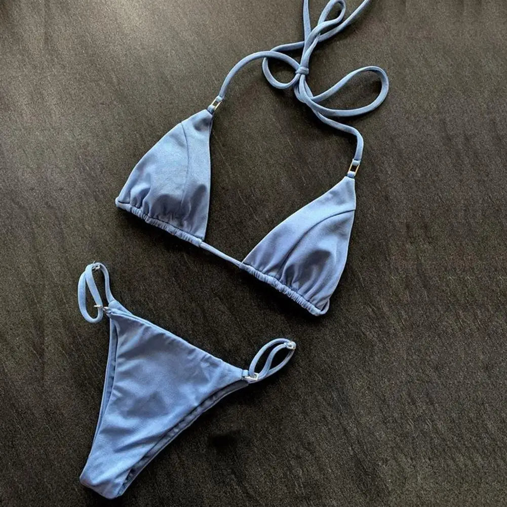 Sexy Blue Triangle Bikini Set – Adjustable Straps & High-Cut Thong Bottoms for Beach & Pool