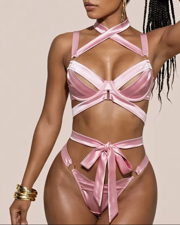 Pink Lingerie Set For Women Cross Tie Back Bowknot Design Sexy Silky Bra Panty Suit Elegant Intimate Nightwear