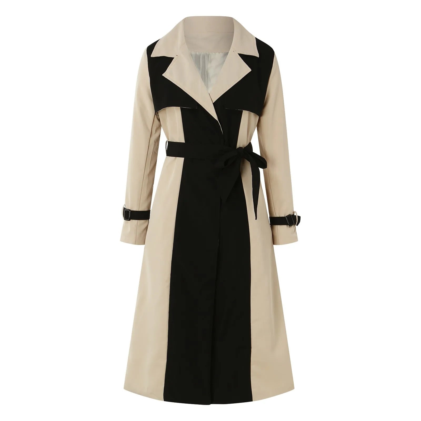 Two-Tone Belted Trench Coat – Women’s Elegant Long Trench Coat