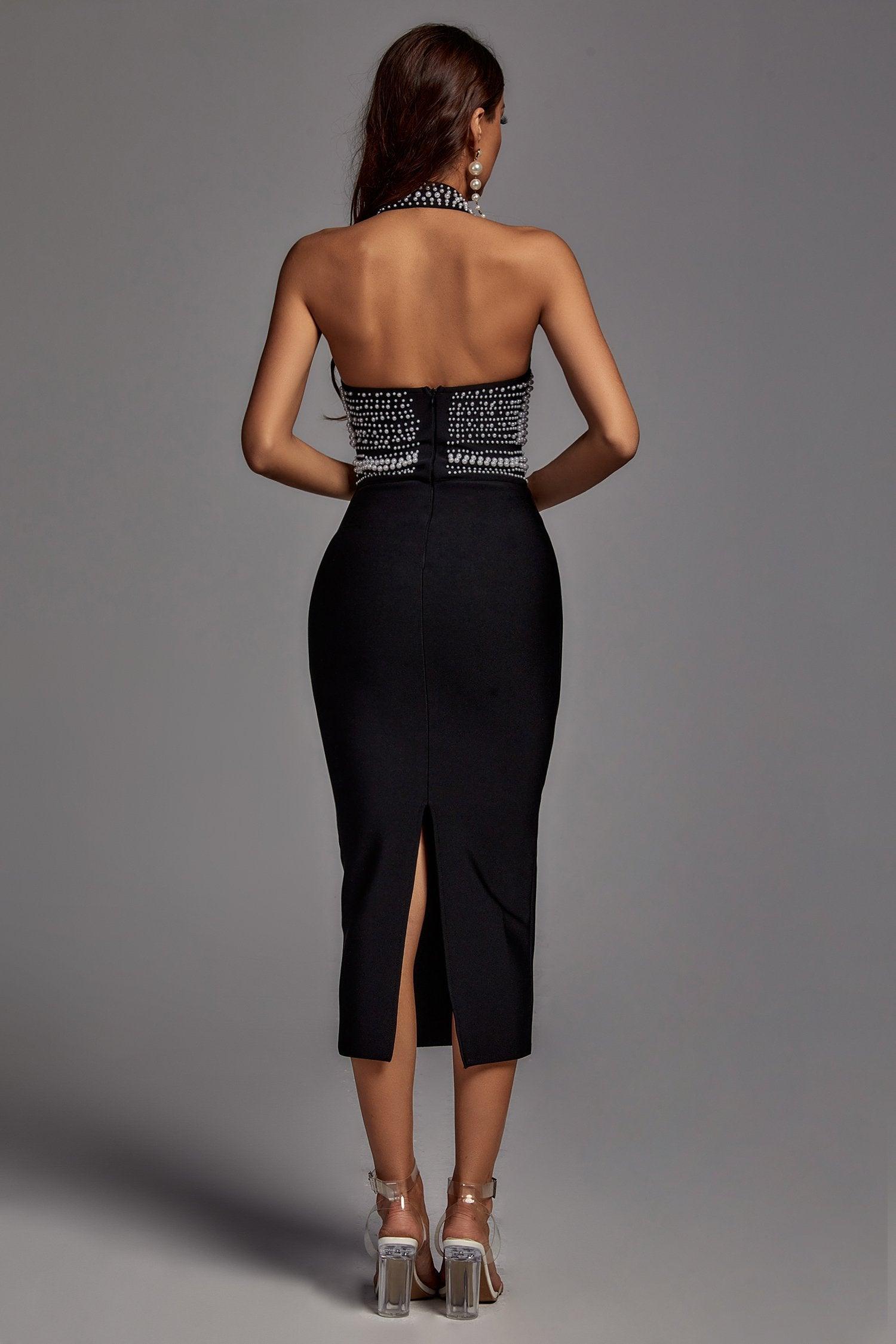 Pearl Halter Bandage Midi Dress - Black | Mix Mix Style [Hot Seller]