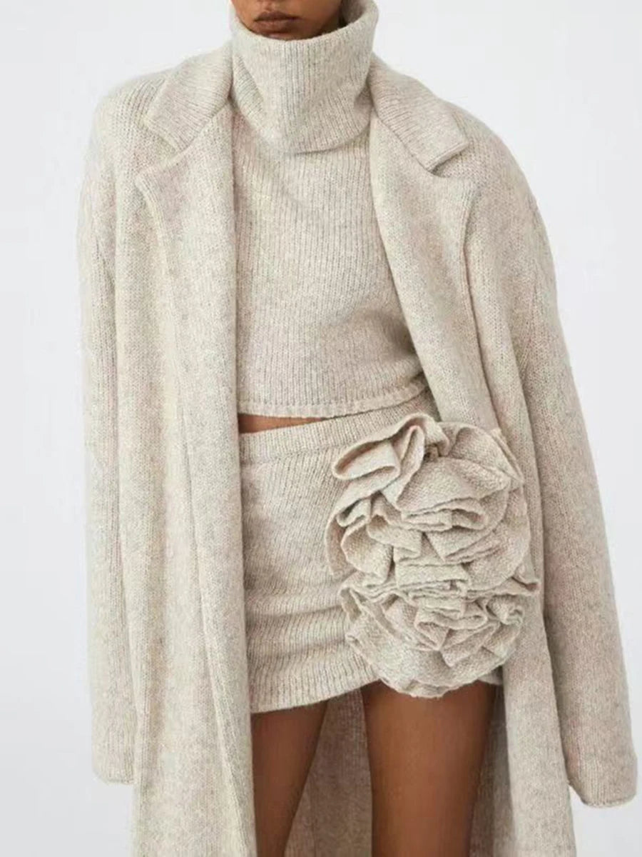 Apricot Three-Piece Set – Long Coat, High Neck Sweater & Ruffled Mini Skirt for Elegant Fall Style