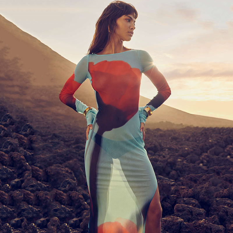 ALIYA LONG SLEEVE MESH MAXI DRESS
