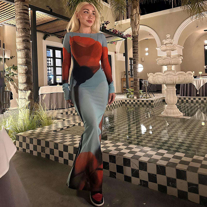 ALIYA LONG SLEEVE MESH MAXI DRESS