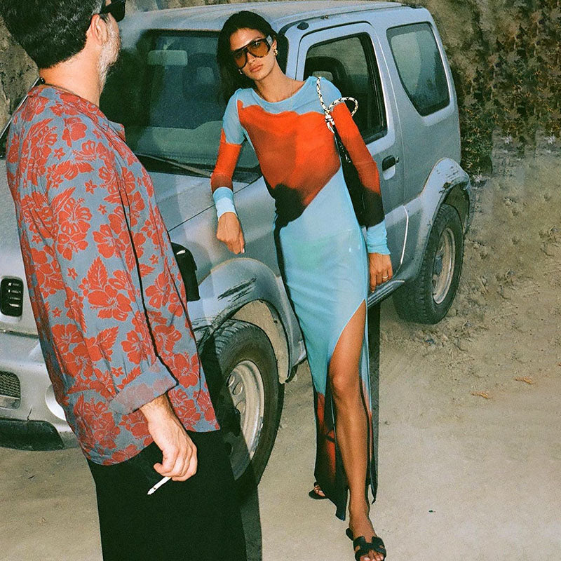 ALIYA LONG SLEEVE MESH MAXI DRESS