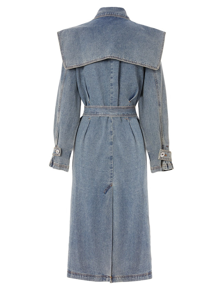 Denim Trench Coat with Belt – Women’s Long Denim Trench Coat