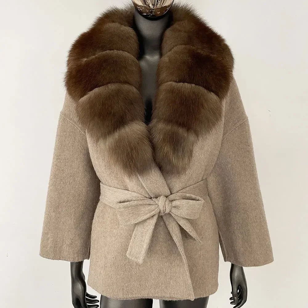 Wool Blend Coat with Fox Fur Collar – Women’s Luxury Winter Coat