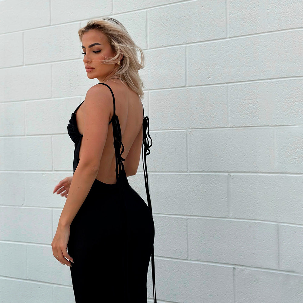 JOELLE BACKLESS LACE UP MAXI DRESS