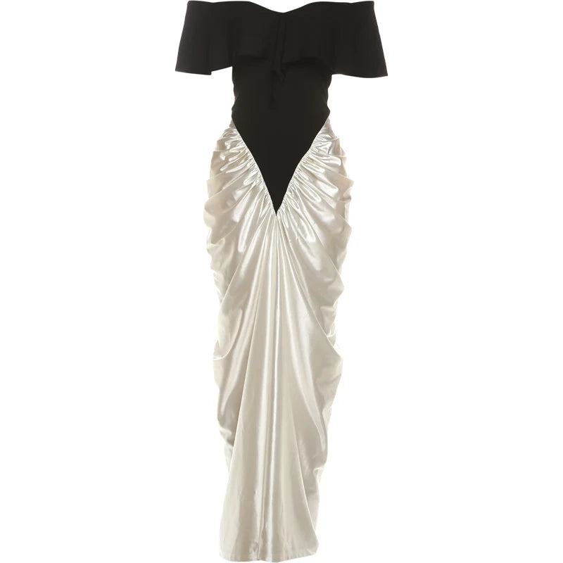 Backless high-waist long dress with ruched detailing and patchwork design
