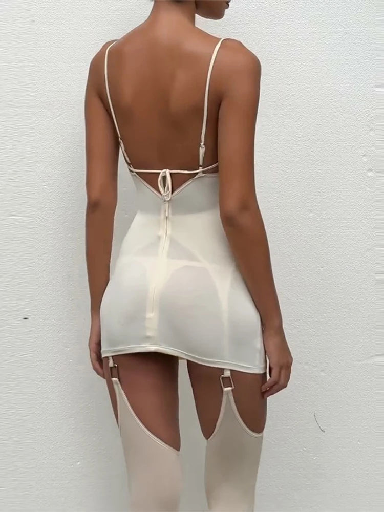 White Mini Dress with Matching Stockings for Women – Backless V Neck Bodycon Party Set