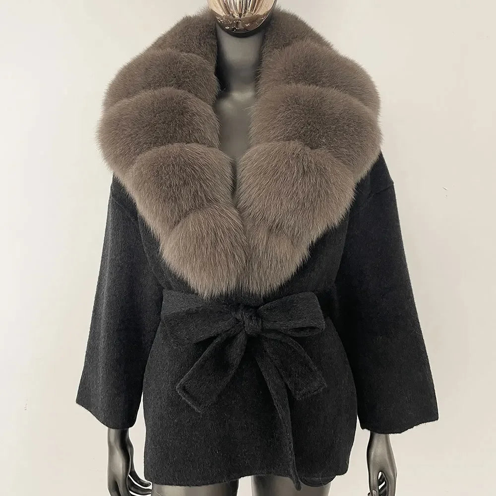 Wool Blend Coat with Fox Fur Collar – Women’s Luxury Winter Coat
