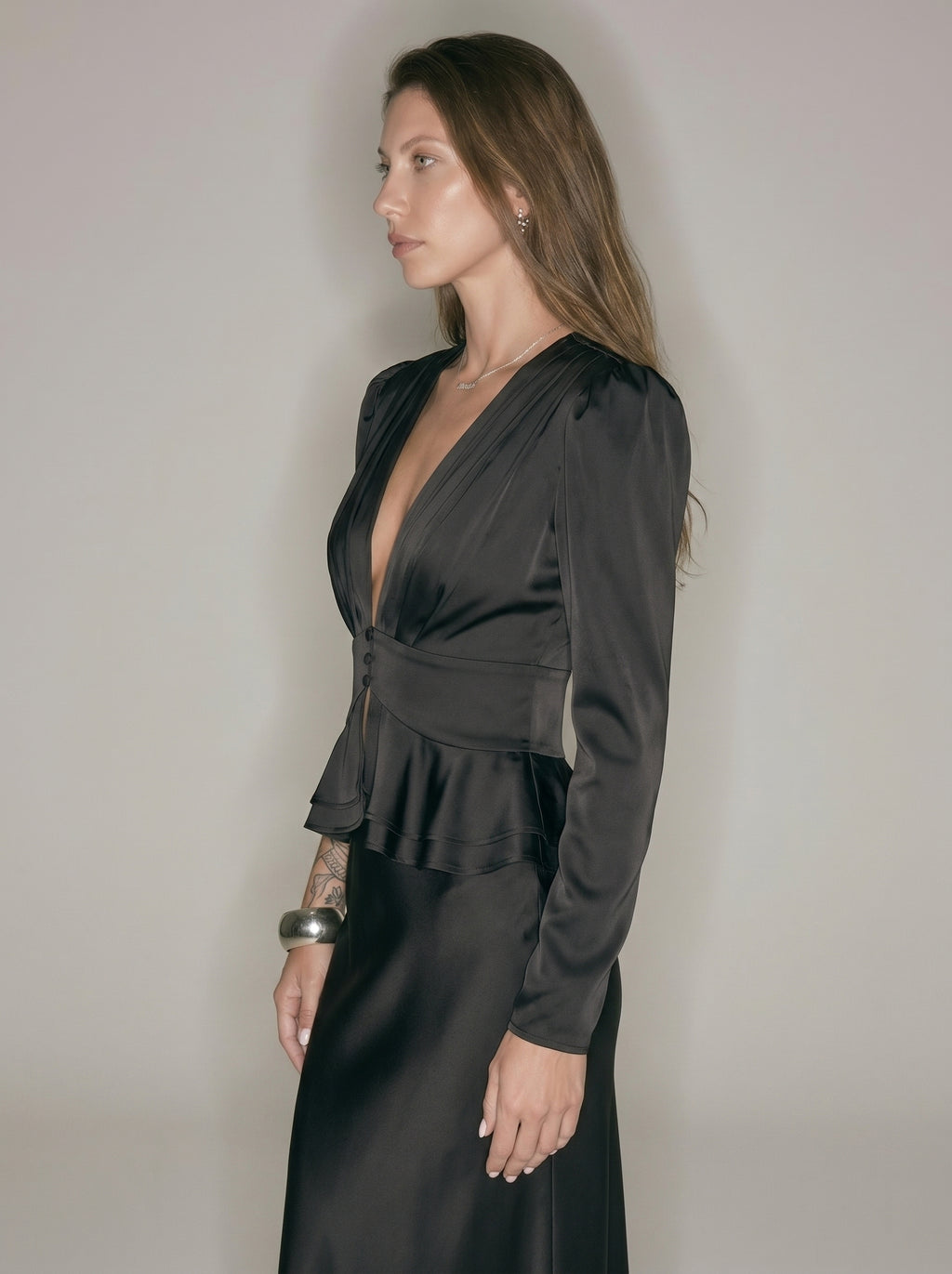 Women’s Satin Peplum Blouse - Deep V Neck Puff Sleeve Waist Cinching Top