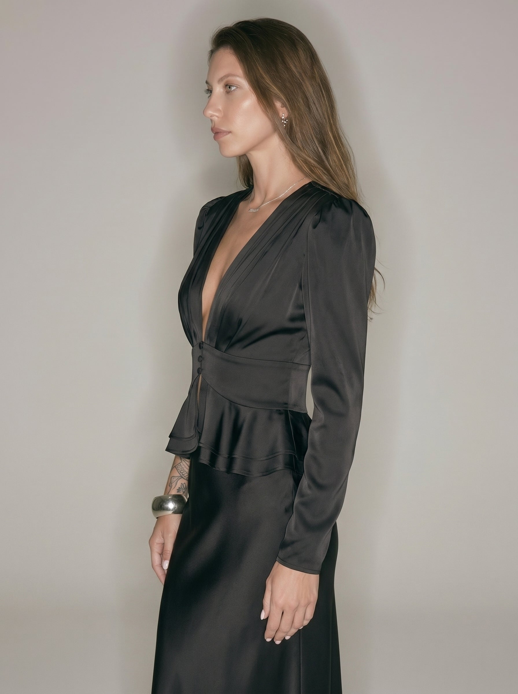 Women’s Satin Peplum Blouse - Deep V Neck Puff Sleeve Waist Cinching Top
