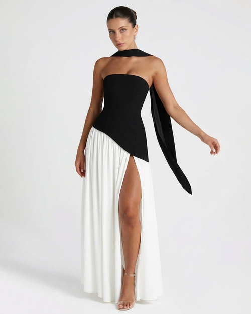 Strapless Pleated Maxi Dress with Scarf Detail and High Slit for Women
