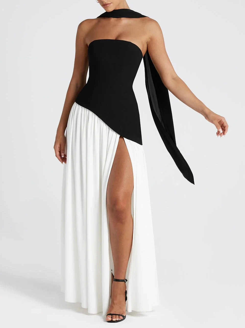 Strapless Pleated Maxi Dress with Scarf Detail and High Slit for Women