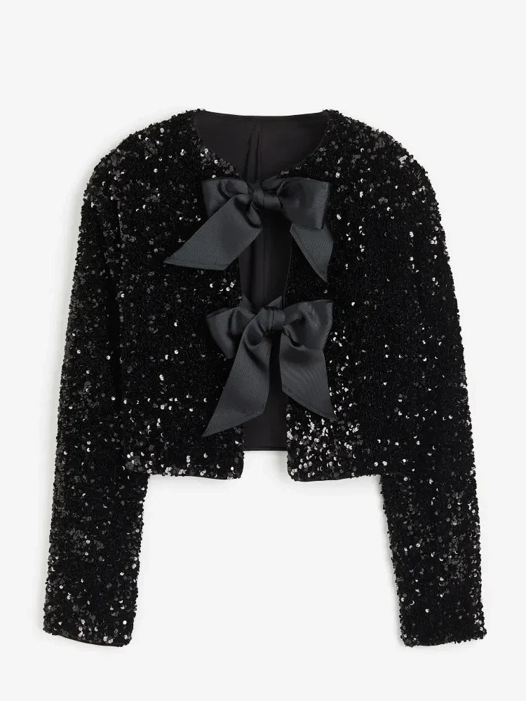 Sequin Cropped Jacket with Bow Detail – Women’s Elegant Party Jacket