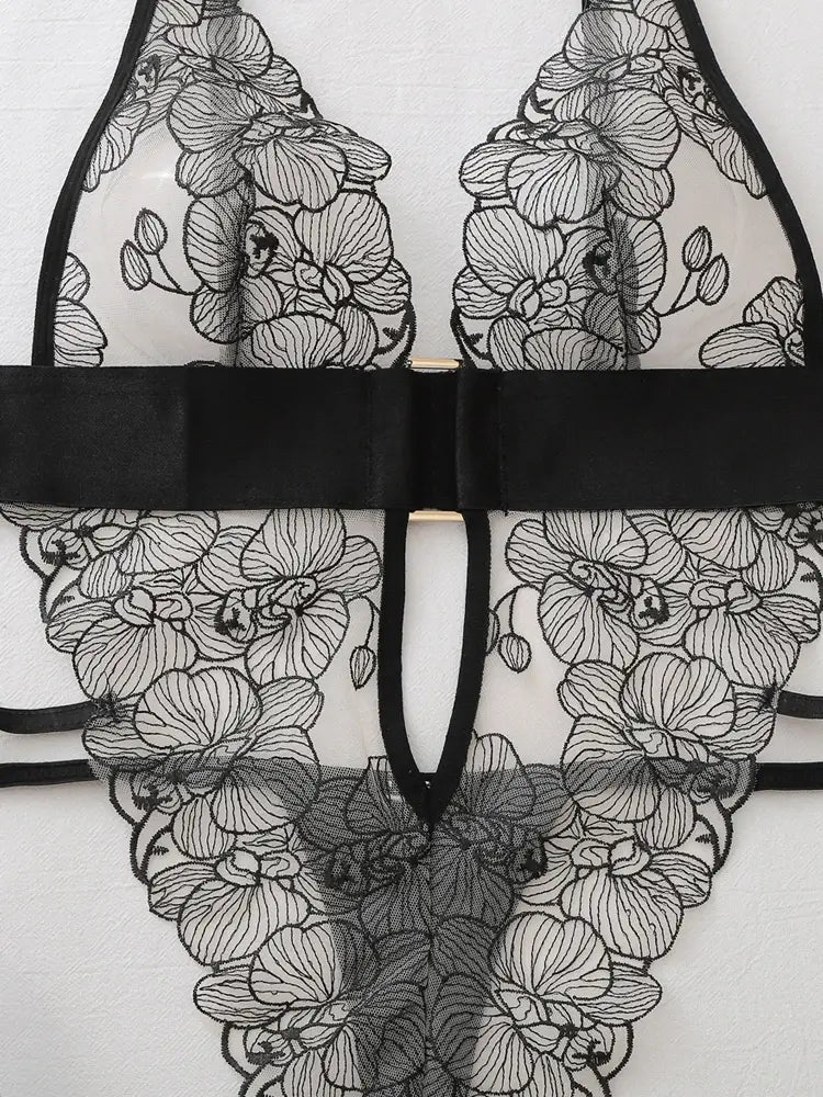 Black Floral Embroidered Sheer Teddy Bodysuit