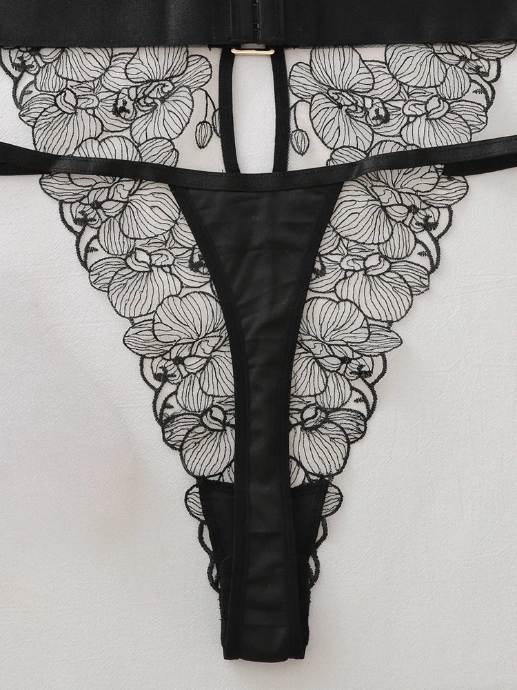 Black Floral Embroidered Sheer Teddy Bodysuit