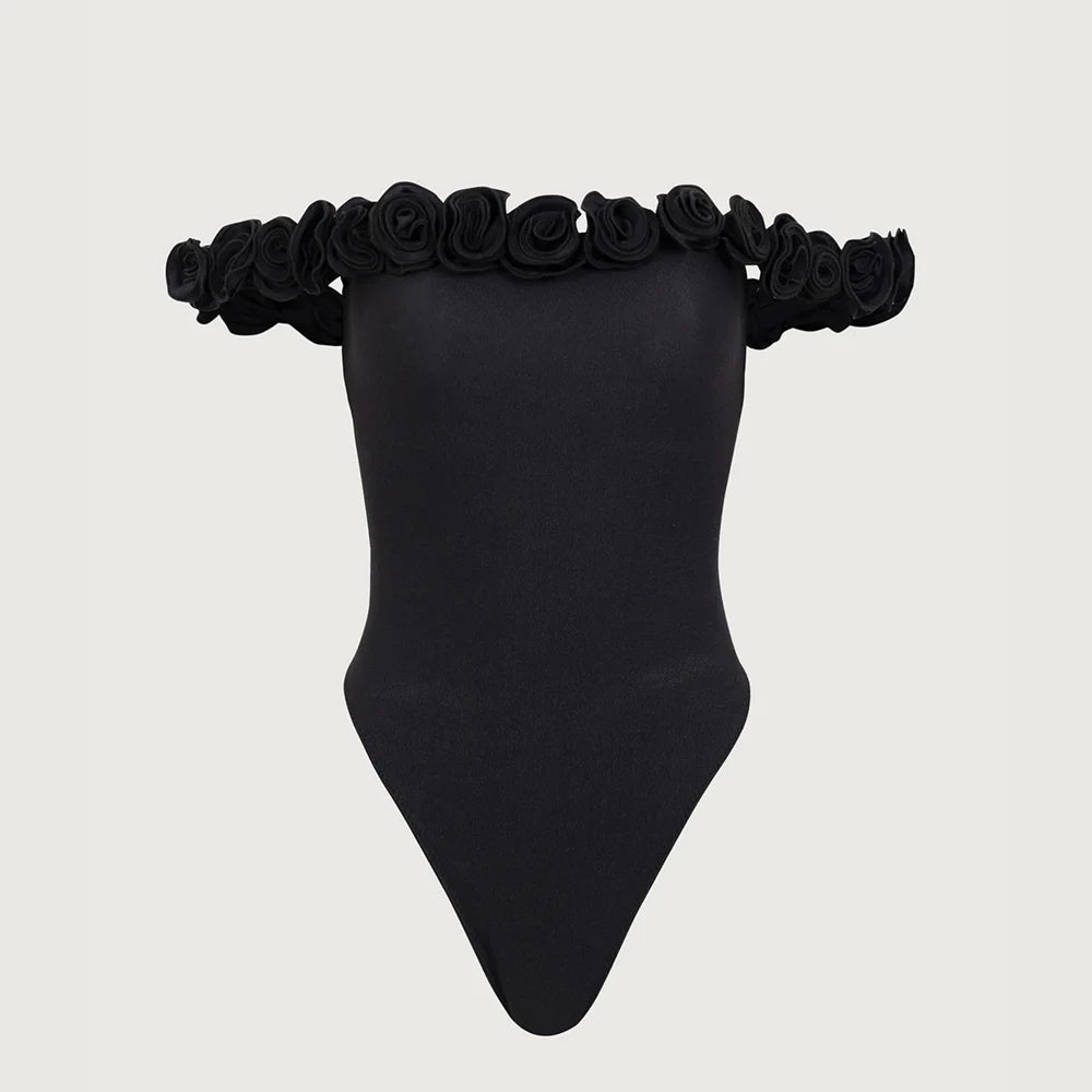 Floral Bandeau One-Piece Swimsuit – Strapless Solid Color Beachwear for Women