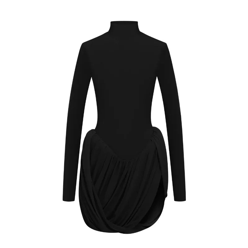 Black long-sleeve dress with draped design