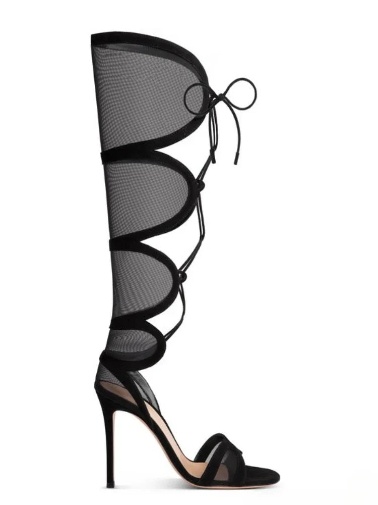 Black Mesh Roman Stiletto Sandals for Women – Lace Up Open Toe High Heels
