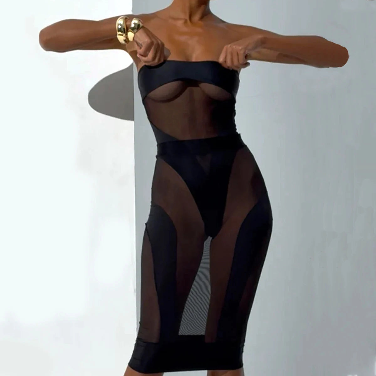 Black patchwork mesh two-piece set with strapless sheer bandeau top and high-waist mesh skirt
