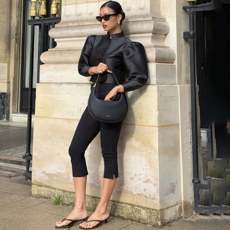 Elegant Puff Sleeve Button Jacket for Women – High Street Cropped Blazer Top in White, Black & Brown | Luxury Party & Chic Officewear