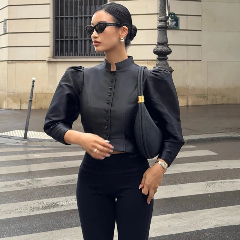 Elegant Puff Sleeve Button Jacket for Women – High Street Cropped Blazer Top in White, Black & Brown | Luxury Party & Chic Officewear