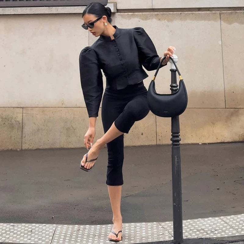 Elegant Puff Sleeve Button Jacket for Women – High Street Cropped Blazer Top in White, Black & Brown | Luxury Party & Chic Officewear