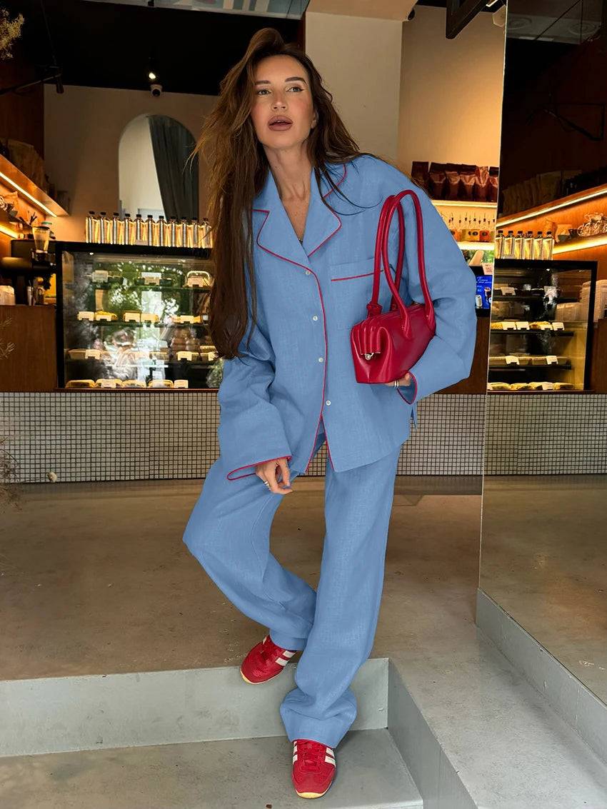 Cotton Blue Pajama Set for Women – Long Sleeve Button-Down Sleepwear with Pants