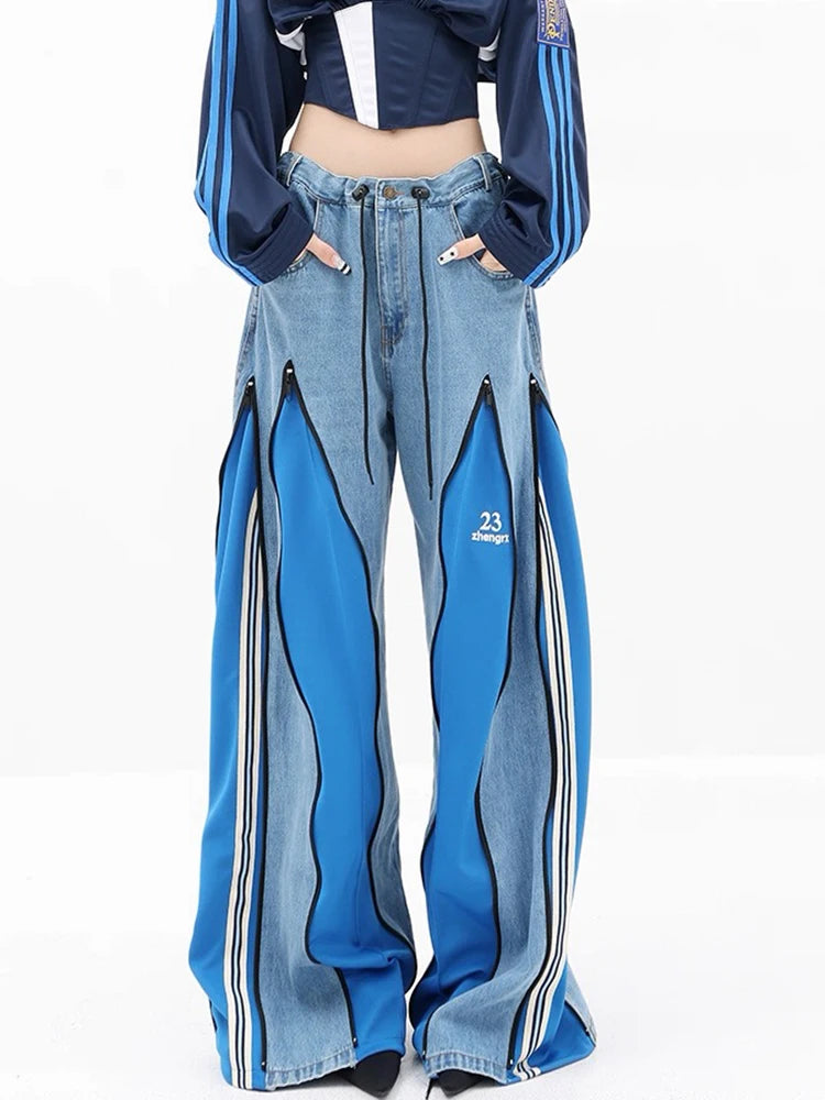 High waist wide leg jeans with patchwork style for summer fashion