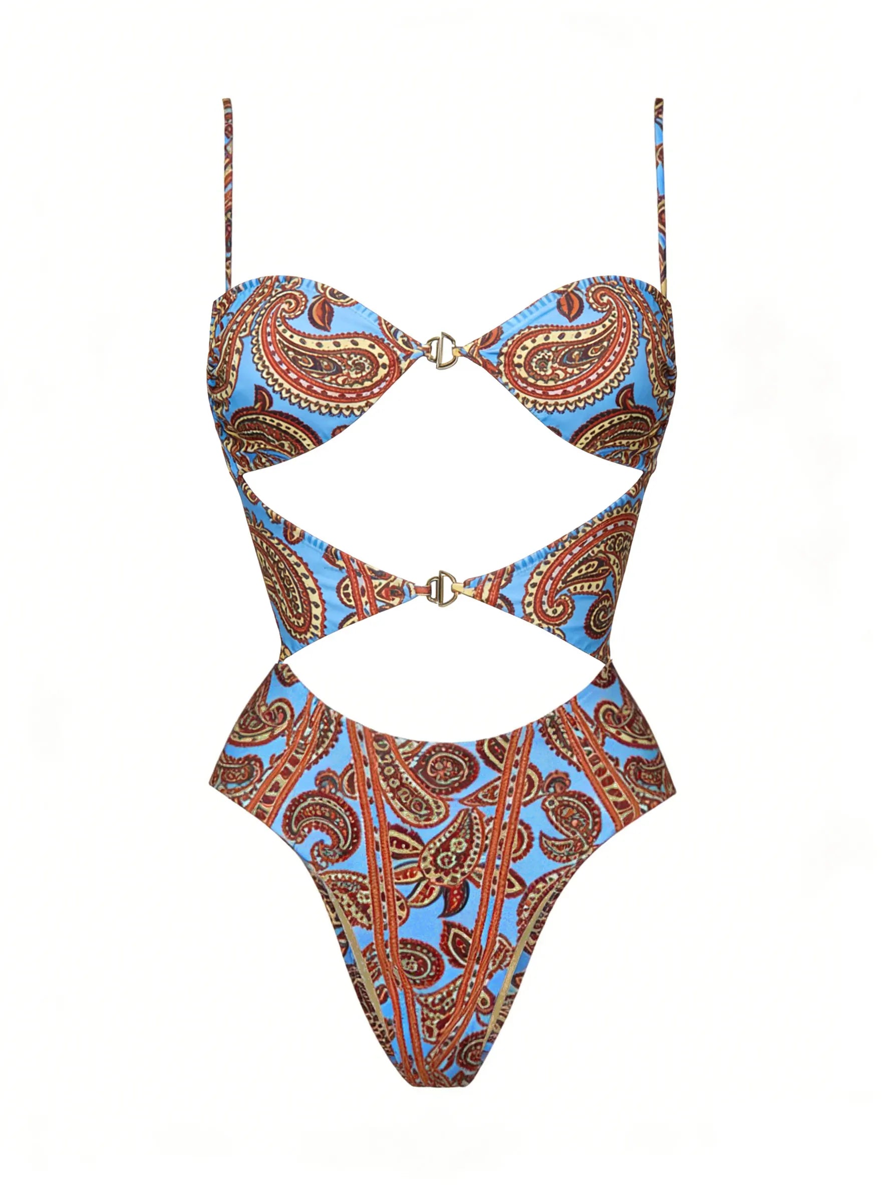 Paisley Cut Out One Piece Swimsuit With Matching Sarong