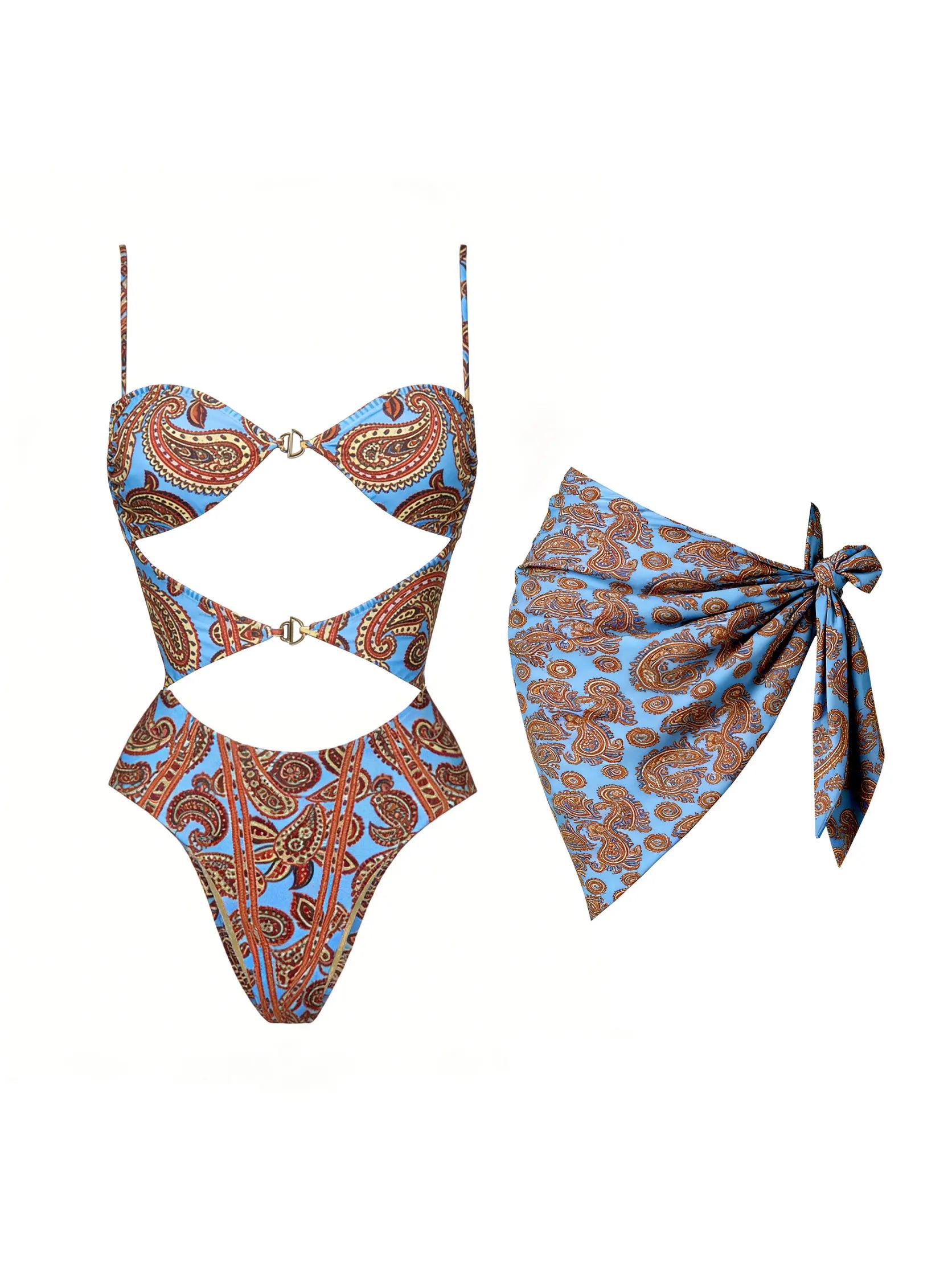 Paisley Cut Out One Piece Swimsuit With Matching Sarong