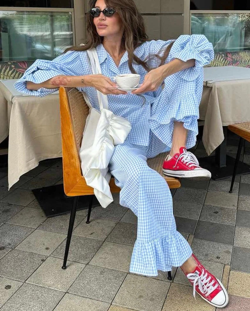 Plaid Two Piece Set with Oversized Shirt and Wide Leg Pants – Women’s Matching Set