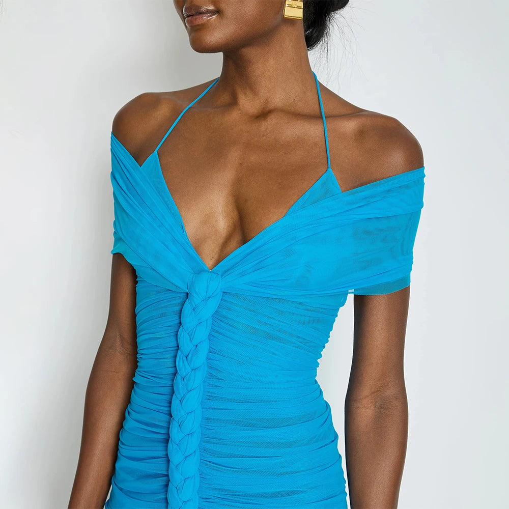 Turquoise Blue Ruched Mesh Off-Shoulder Midi Dress