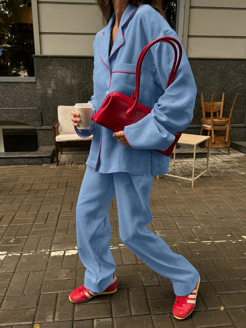 Cotton Blue Pajama Set for Women – Long Sleeve Button-Down Sleepwear with Pants