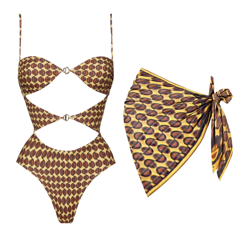 Paisley Cut Out One Piece Swimsuit With Matching Sarong