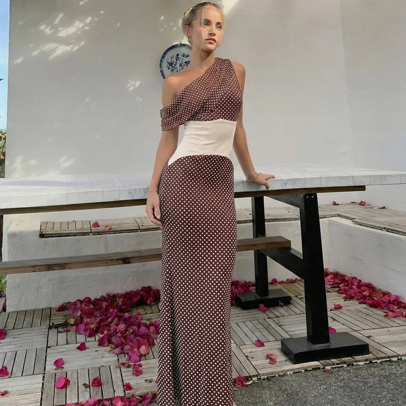 Polka Dot One Shoulder Maxi Dress for Women – Brown Patchwork Bodycon Evening Dress