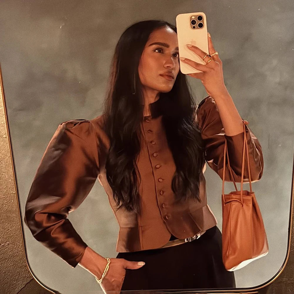 Elegant Puff Sleeve Button Jacket for Women – High Street Cropped Blazer Top in White, Black & Brown | Luxury Party & Chic Officewear