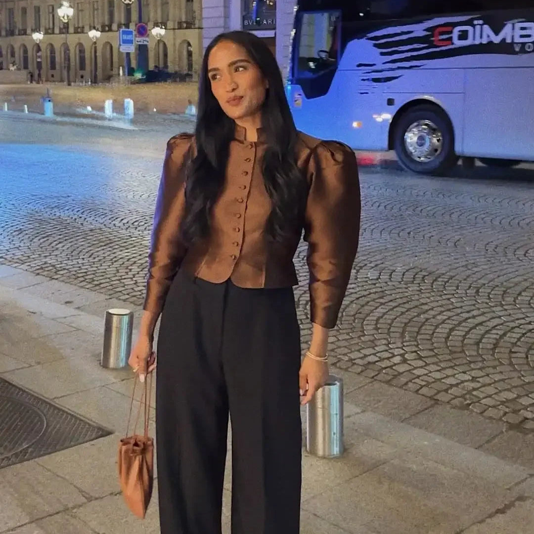 Elegant Puff Sleeve Button Jacket for Women – High Street Cropped Blazer Top in White, Black & Brown | Luxury Party & Chic Officewear