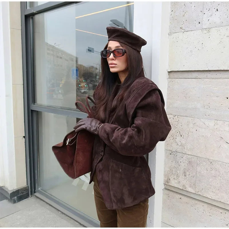 Autumn Suede Blazer for Women – Elegant One Button Lapel Jacket with Shoulder Pads | Khaki & Brown Streetwear