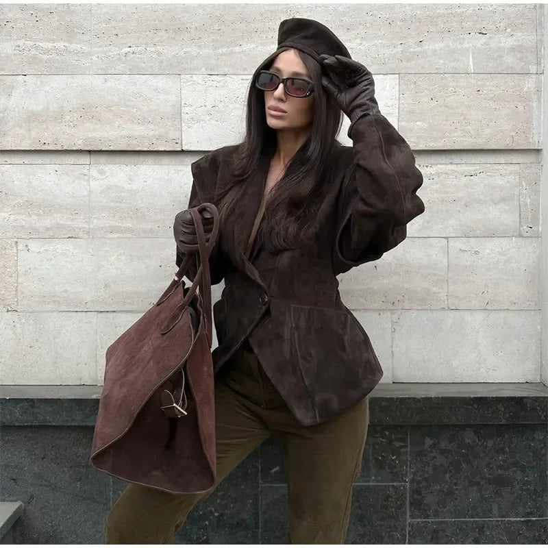 Autumn Suede Blazer for Women – Elegant One Button Lapel Jacket with Shoulder Pads | Khaki & Brown Streetwear