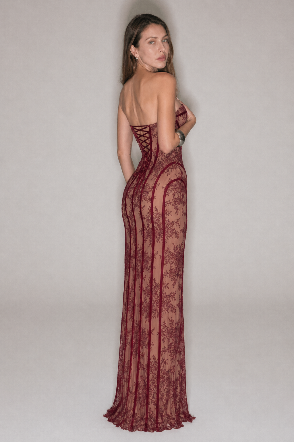 Sheer Lace Strapless Corset Maxi Dress Black and Burgundy Evening Go CTRL N U I T Sheer Lace Strapless Corset Maxi Dress Black and Burgundy Evening Go CTRL N U I T