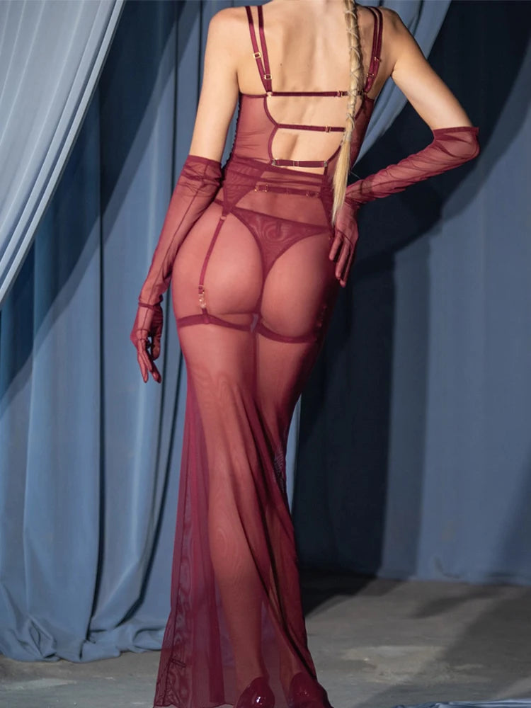 Burgundy Sheer Mesh Lingerie Set with Maxi Skirt & Gloves