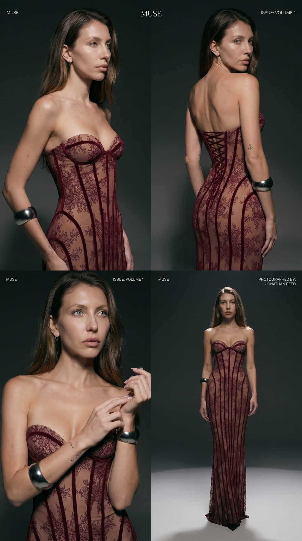 Sheer Lace Strapless Corset Maxi Dress – Black and Burgundy Evening Gown